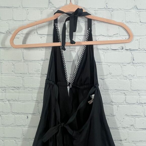 Sunseeker One Piece Swimingsuit Women Black V Neck Halter Embroidered Preppy - Picture 4 of 16